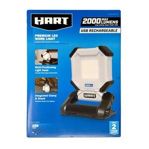 HART 2000 Lumen USB Rechargeable LED Work Light Portable Clamp Stand Floodlight